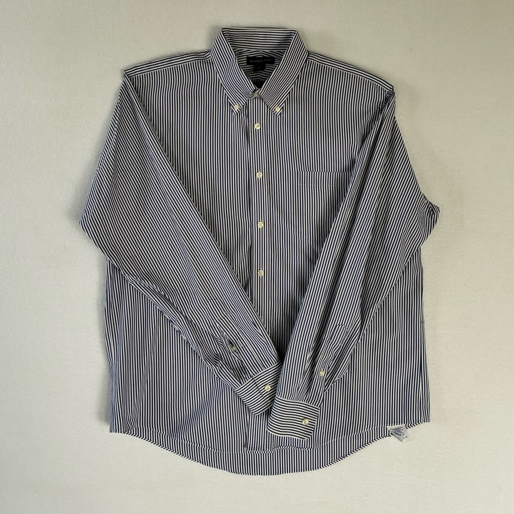 Lands' End Navy and White Striped Men's Shirt